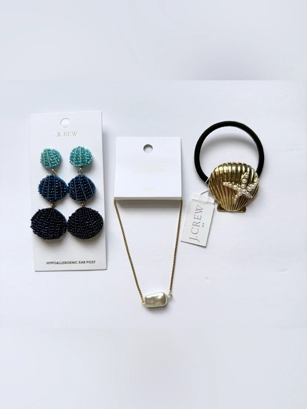 NWT J.Crew BUNDLE NWT Coastal Earrings, Anklet Seashell, and Hair Tie